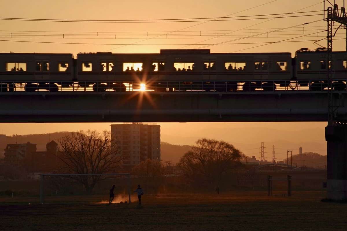 秋の多摩川を渡る京王線