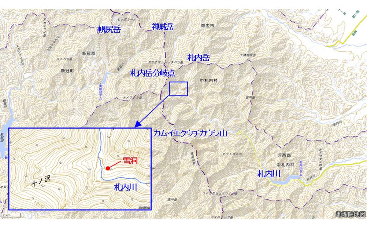 雪崩が発生した札内川の十ノ沢付近の地形図（国土地理院地図に大矢氏が加筆）